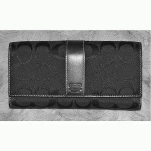 Coach black wallet fold up money coin card checkbook holder zipper snap